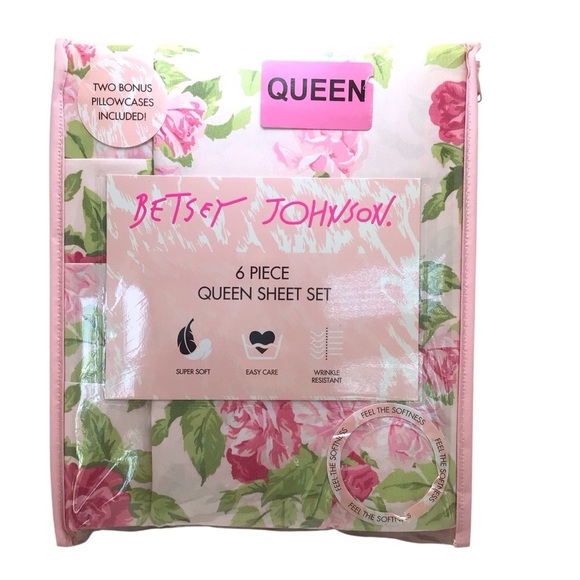 6pc Betsy Johnson Bouquet Pink Floral Rose Print Shabby Chic Queen Sheet Set - Picture 2 of 5